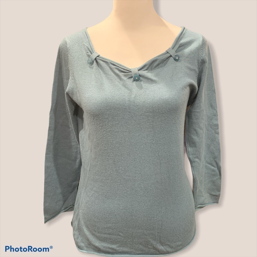 Moth Anthropologie Blue Knit Top Sweetheart‎ Neck Rhinestone Button 3/4 Sleeve M
